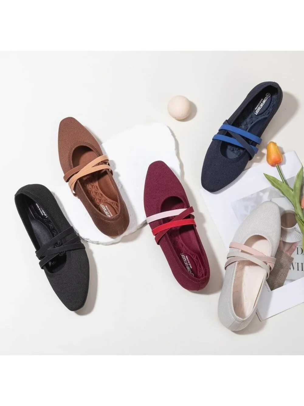 Women's Brown Knit Square Toe Ballet Flats Mary Jane Slip On Causal Shoes